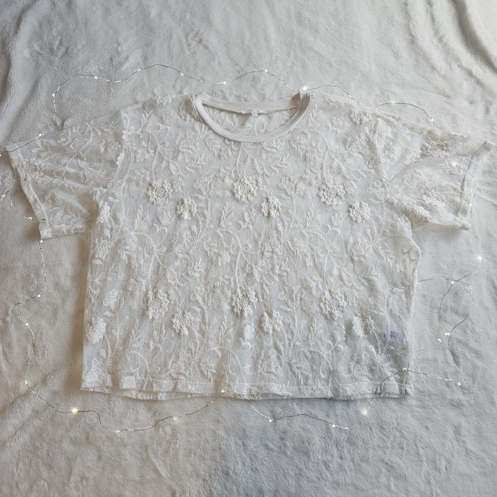 Maurices Cream Floral Embroidered Lace Short Sleeve Top - Picture 3 of 5
